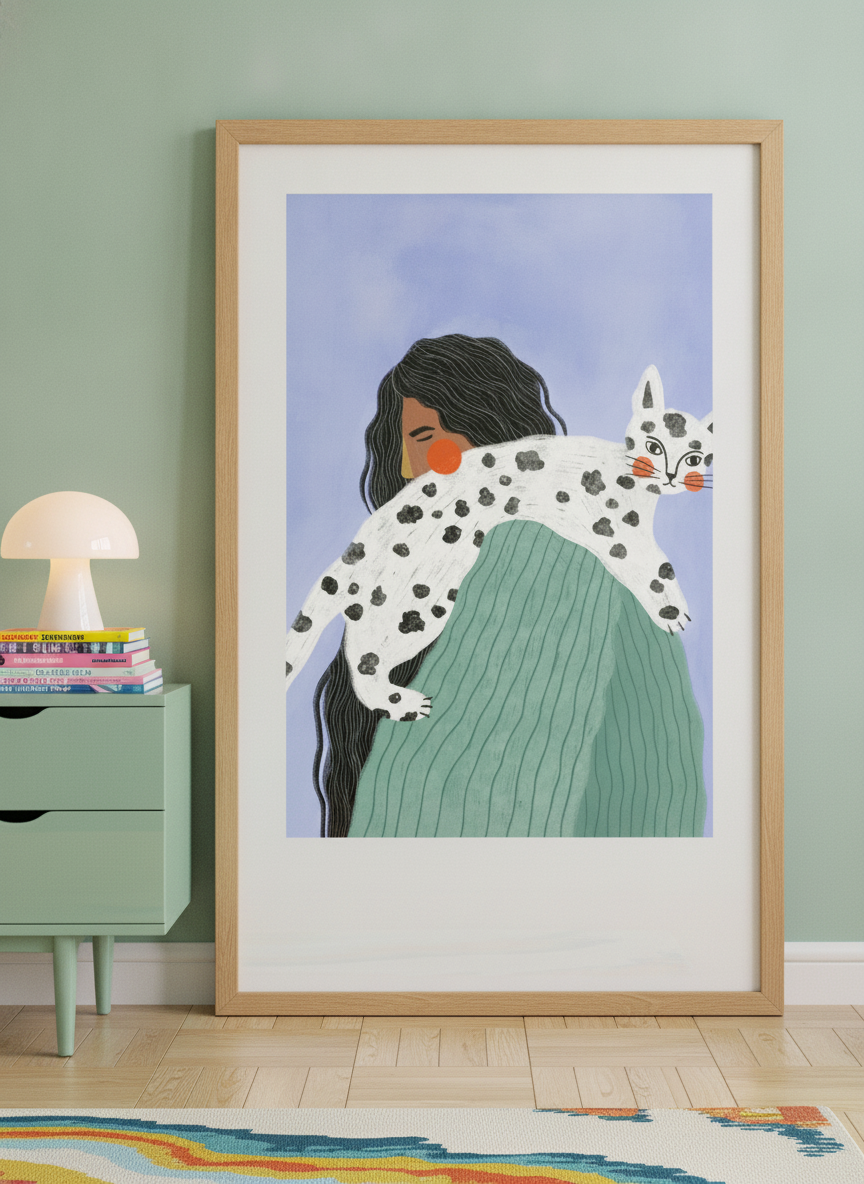Modern wall art print standing on a sideboard in a colourful eclectic bedroom