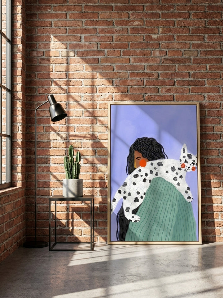 Canvas wall art with a natural timber surround leaning against the wall in an industrial loft bedroom