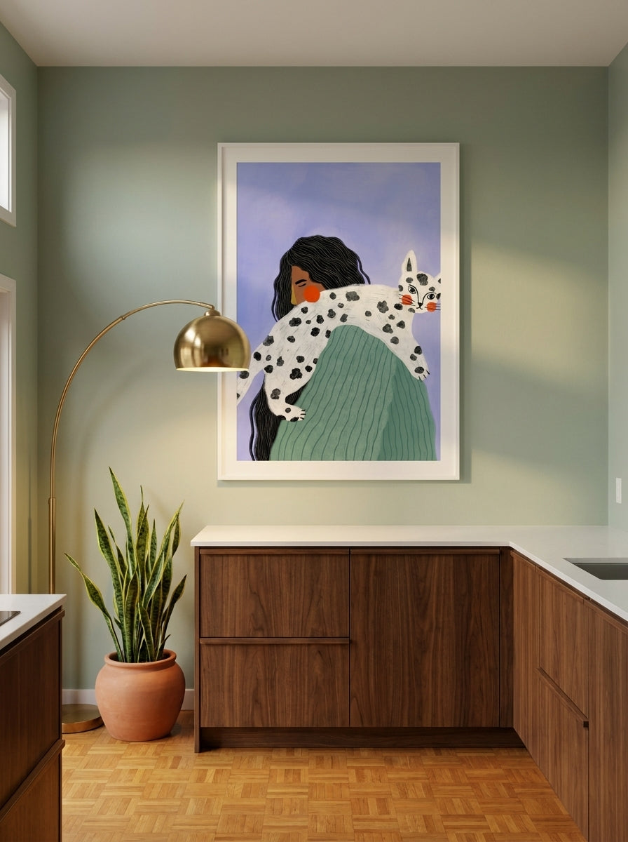 Oversized statement modern wall art print styled on the wall in a mid-century kitchen