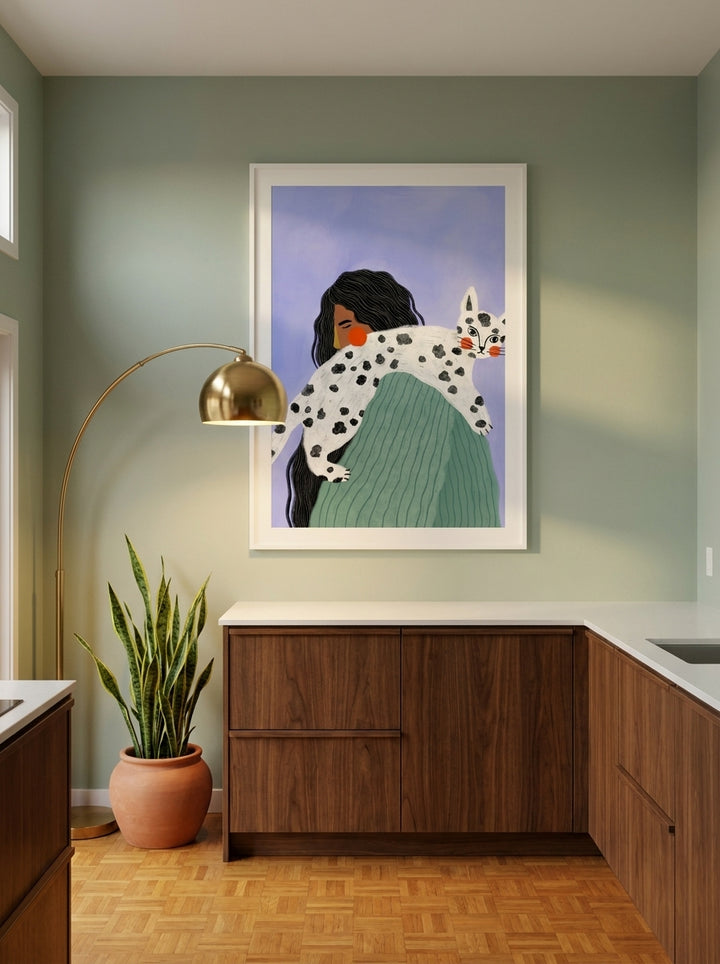 Oversized statement modern wall art print styled on the wall in a mid-century kitchen