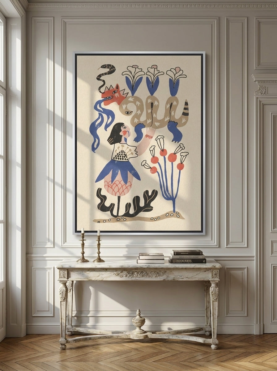 Oversized statement canvas wall art with a silver leaf surround styled on the wall in a Parisian living room