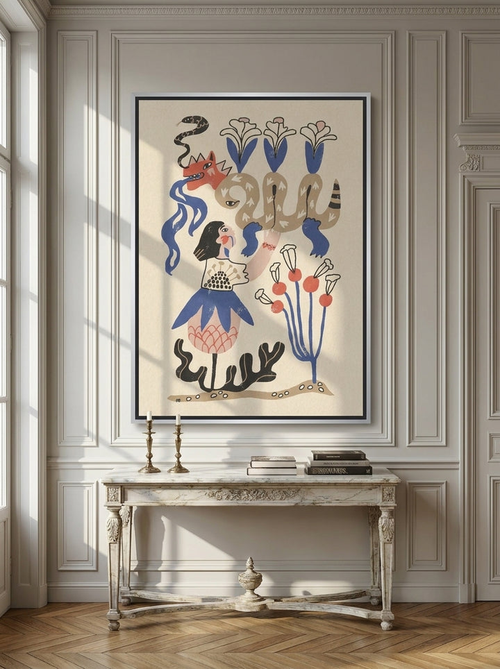 Oversized statement canvas wall art with a silver leaf surround styled on the wall in a Parisian living room