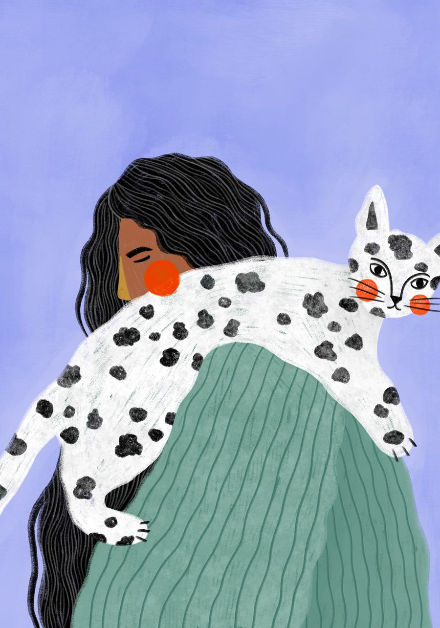 Woman and Spotted Cat By Bea Müller | Art & Canvas Print