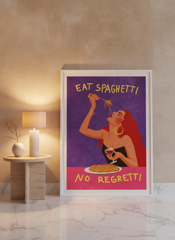 Modern wall art print leaning against the wall in a luxe dining room