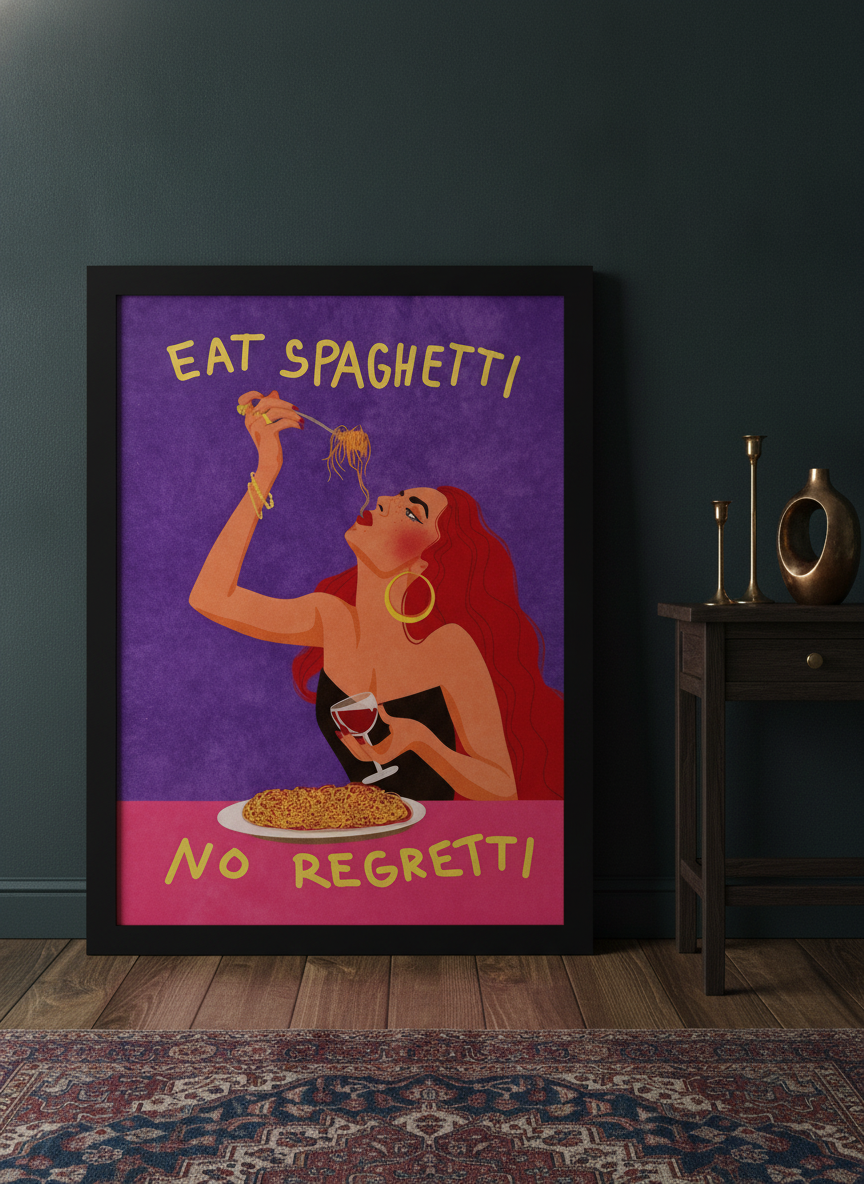 Modern wall art print leaning against the wall in a moody kitchen