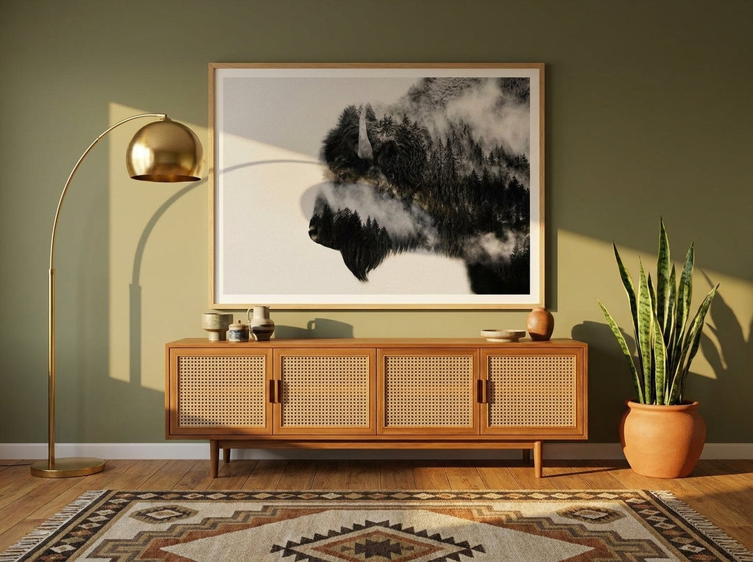Modern wall art print styled on the wall in a mid-century living room