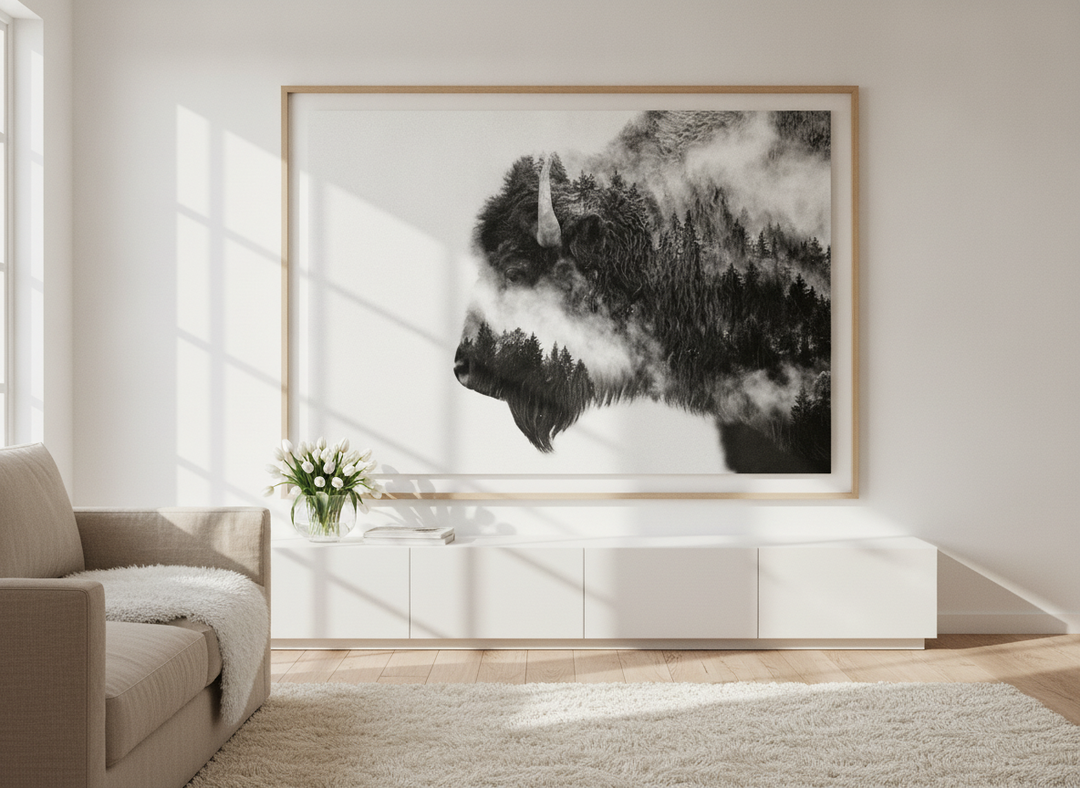 Oversized statement modern wall art print styled on the wall in a bright Scandinavian living room