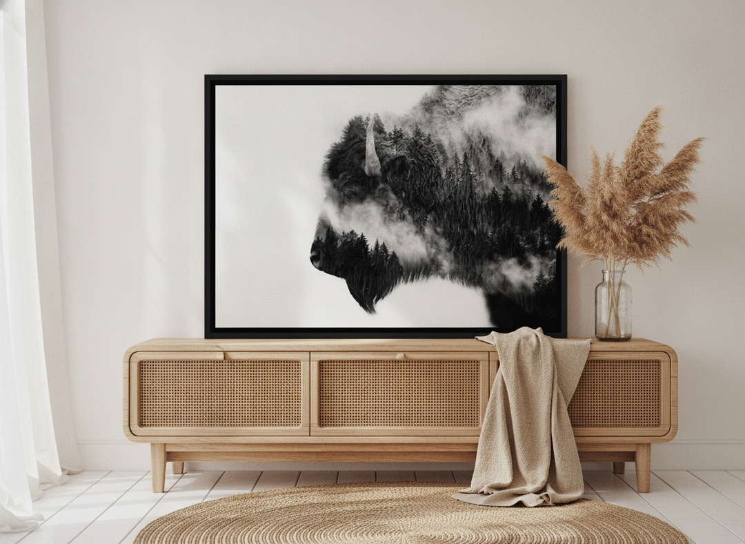 Canvas wall art with a black surround standing on a sideboard in a coastal bedroom