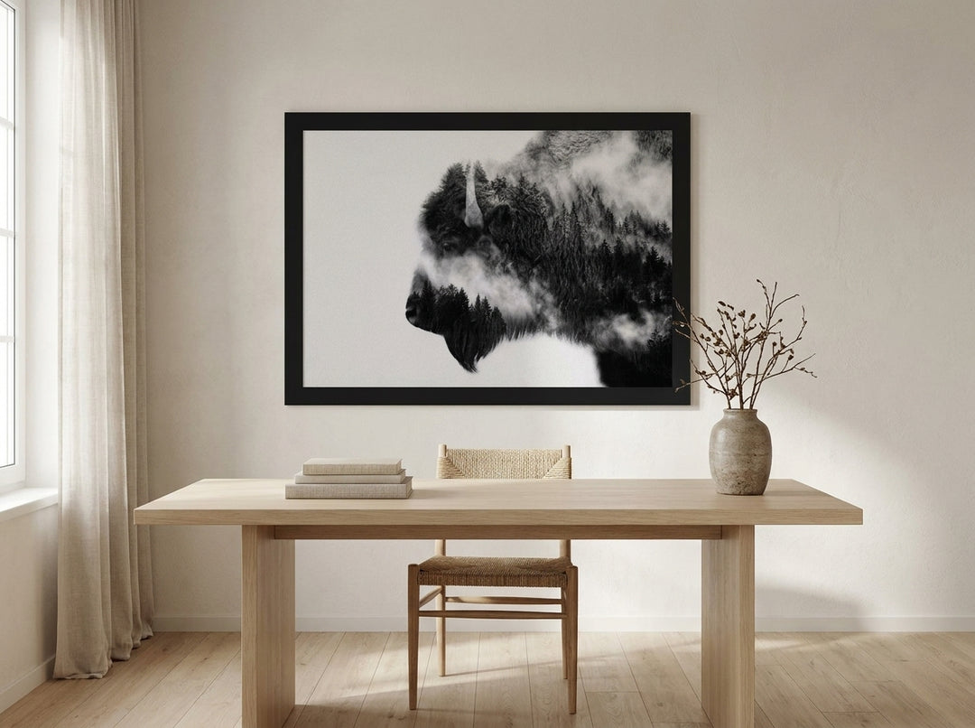 Modern wall art print styled on the wall in a warm Japandi home office