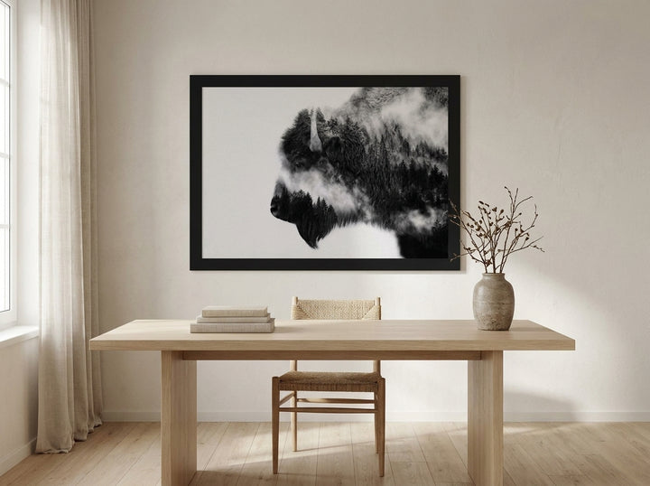 Modern wall art print styled on the wall in a warm Japandi home office