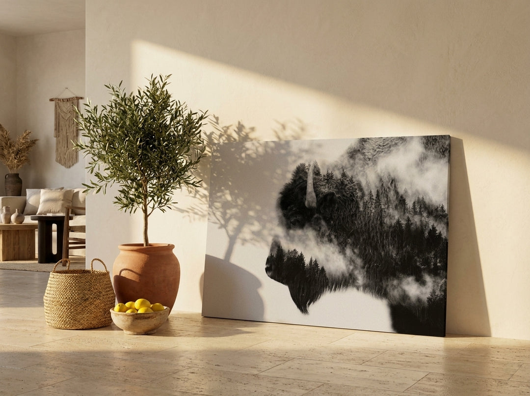 Stretched canvas wall art leaning against the wall in a Mediterranean living room