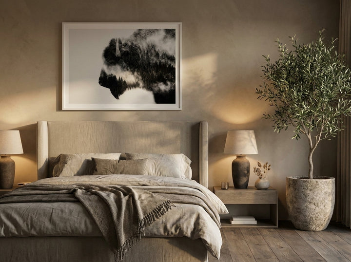 Modern wall art print styled on the wall in a luxe bedroom
