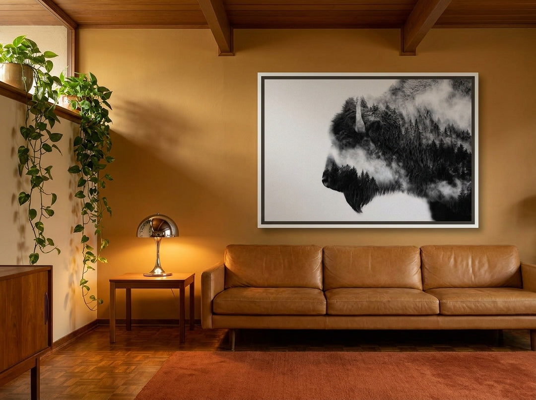 Oversized statement canvas wall art with a white surround styled on the wall in a retro 70s living room