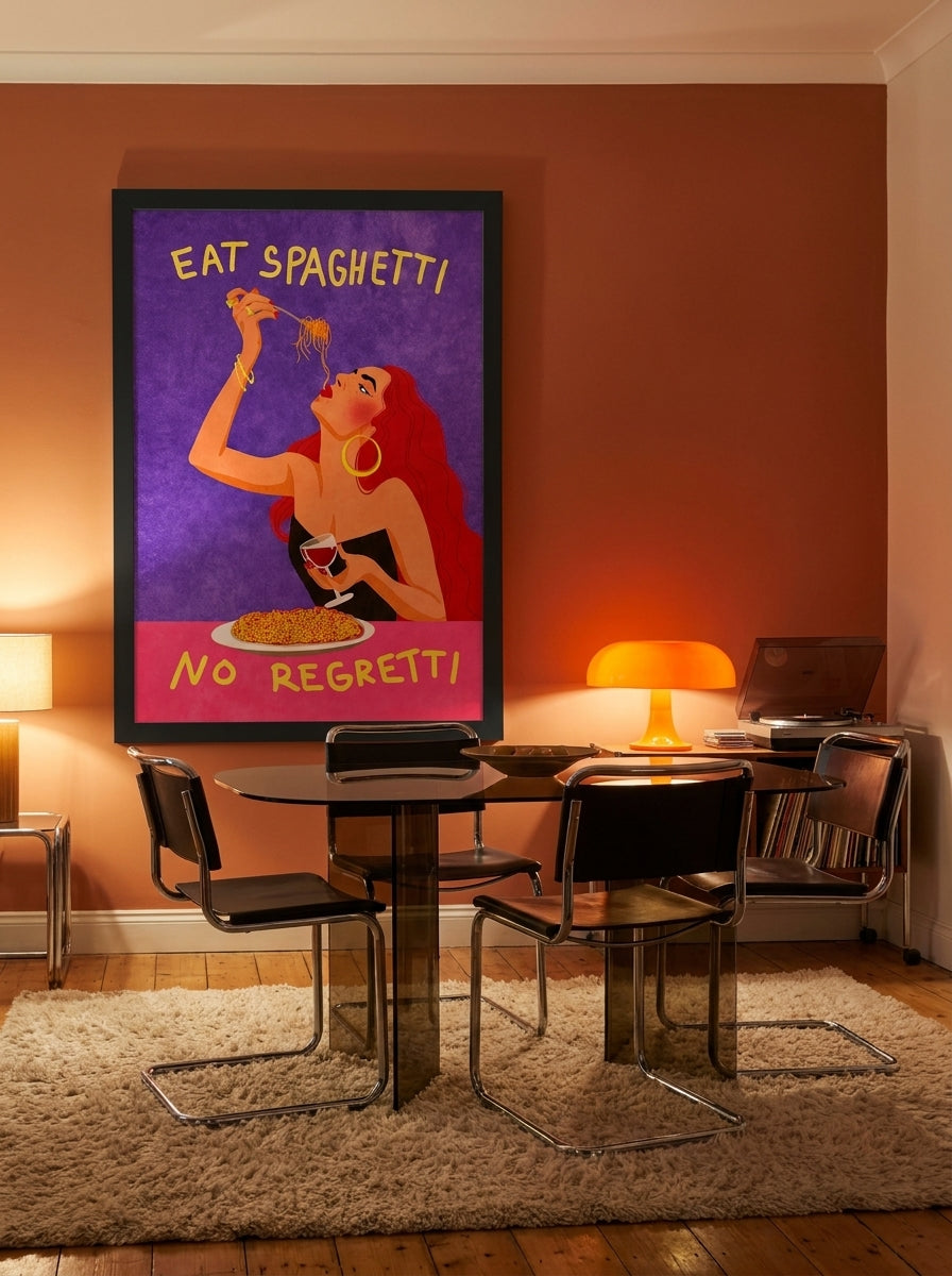 Oversized statement modern wall art print styled on the wall in a retro 70s dining room