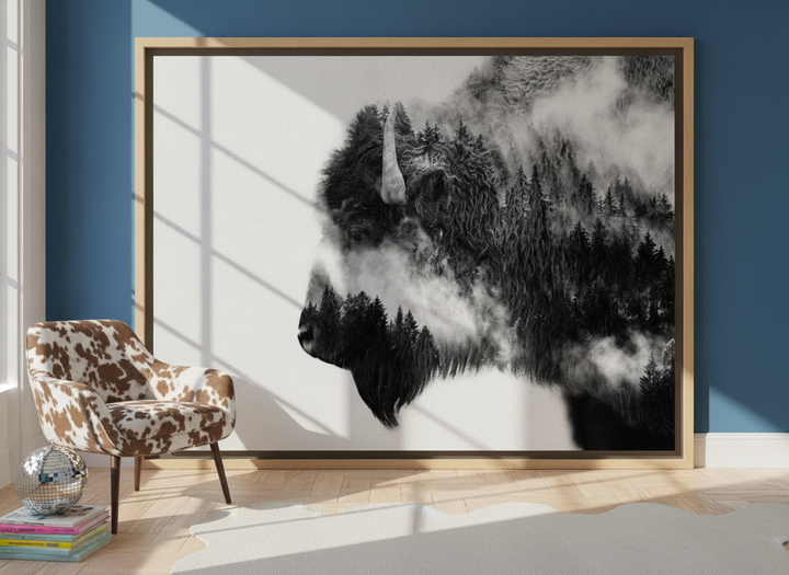 Oversized statement canvas wall art with a natural timber surround leaning against the wall in a colourful eclectic home office