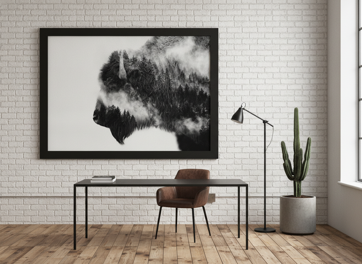 Oversized statement modern wall art print styled on the wall in an industrial loft home office