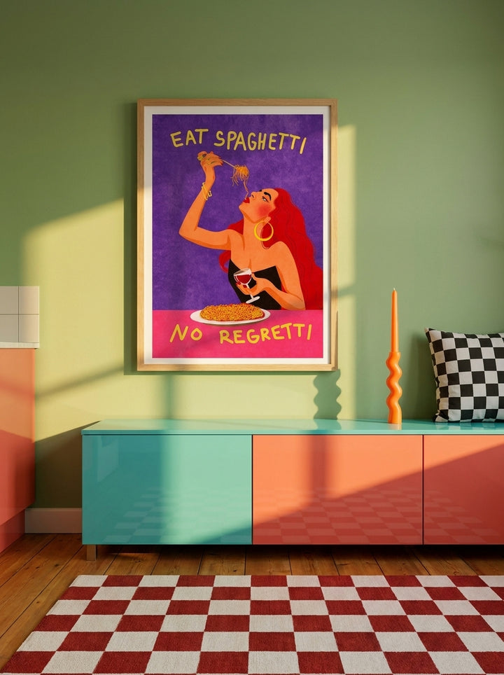 Modern wall art print styled on the wall in a colourful eclectic kitchen