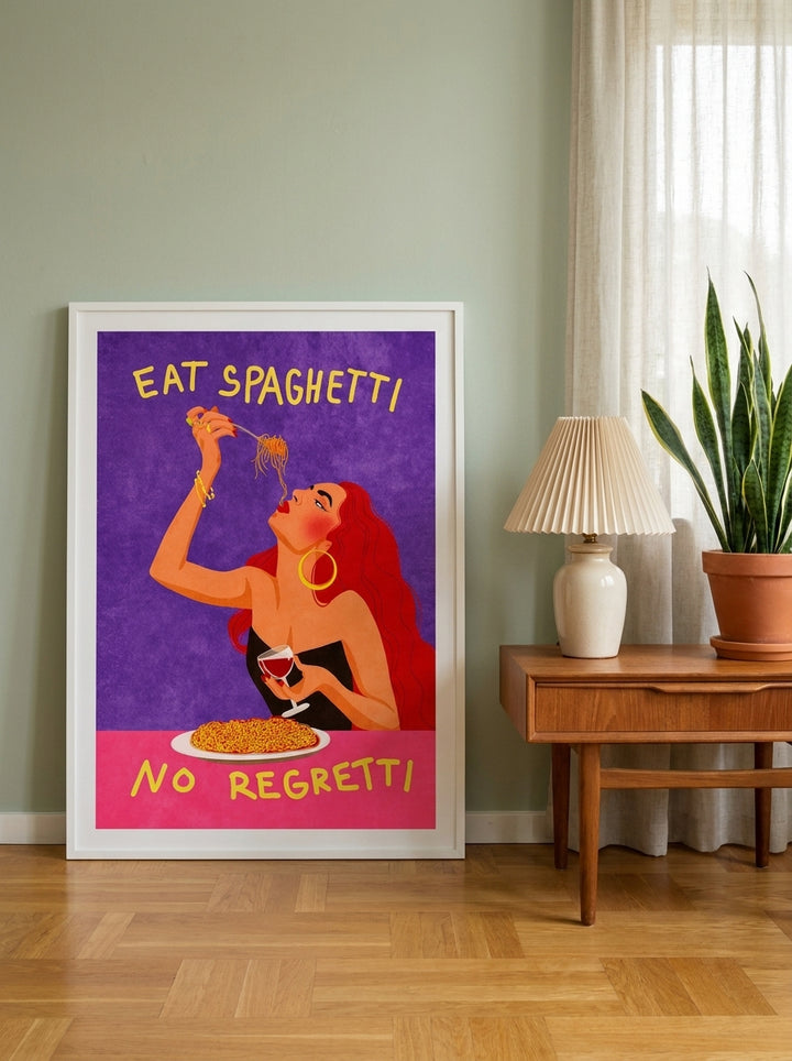 Modern wall art print leaning against the wall in a mid-century living room