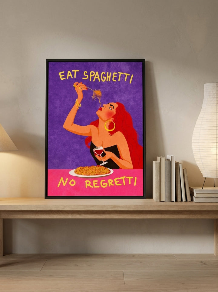 Canvas wall art with a black surround standing on a kitchen bench in a warm Japandi kitchen