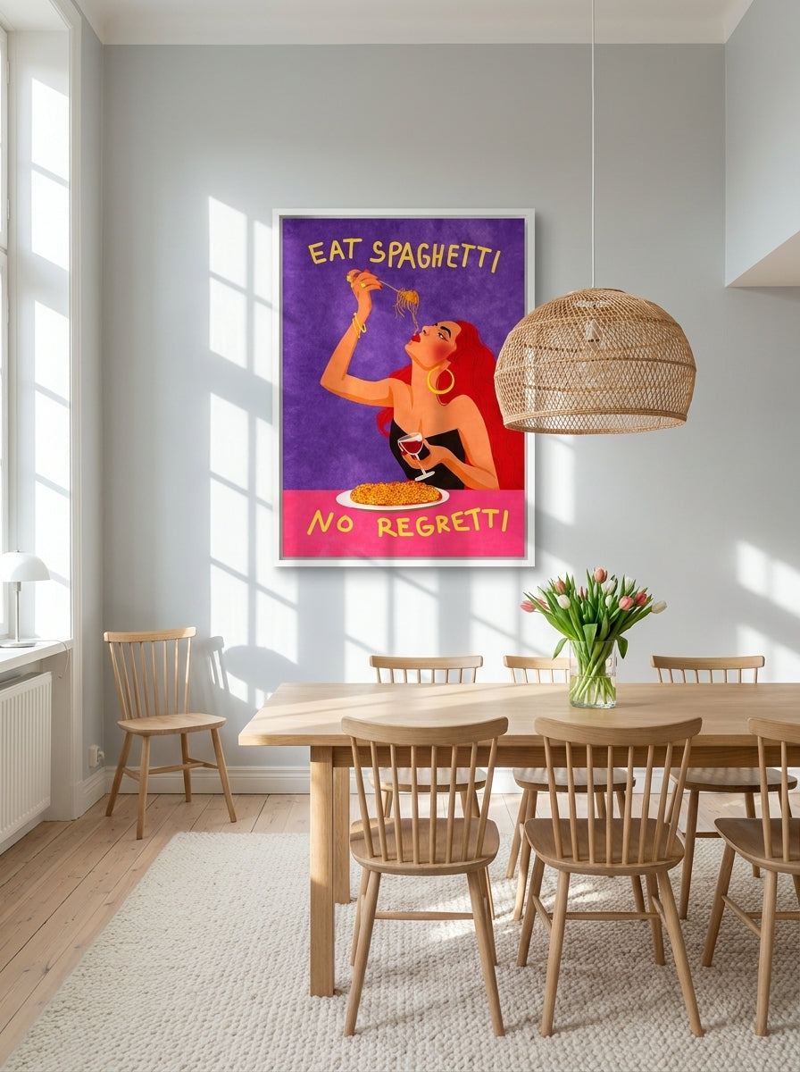 Oversized statement canvas wall art with a white surround styled on the wall in a bright Scandinavian dining room