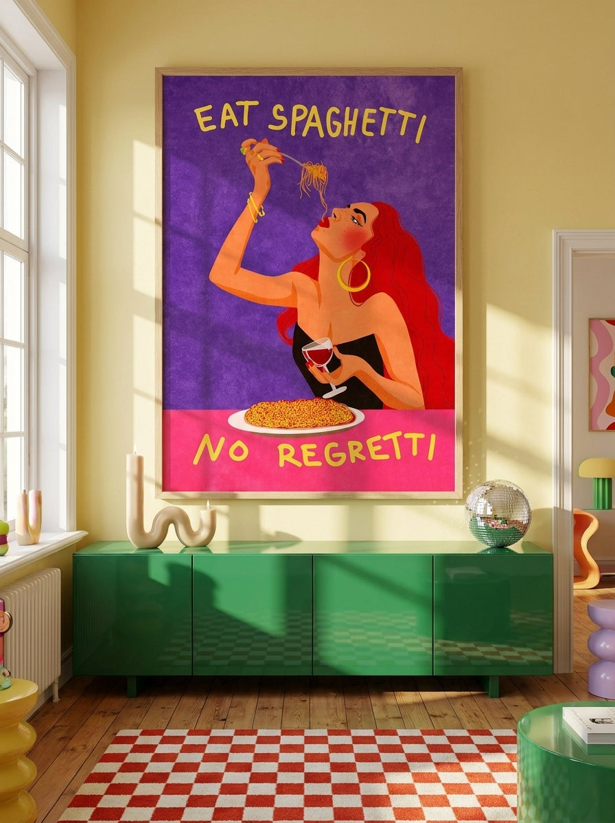 Oversized statement modern wall art print styled on the wall in a colourful eclectic living room