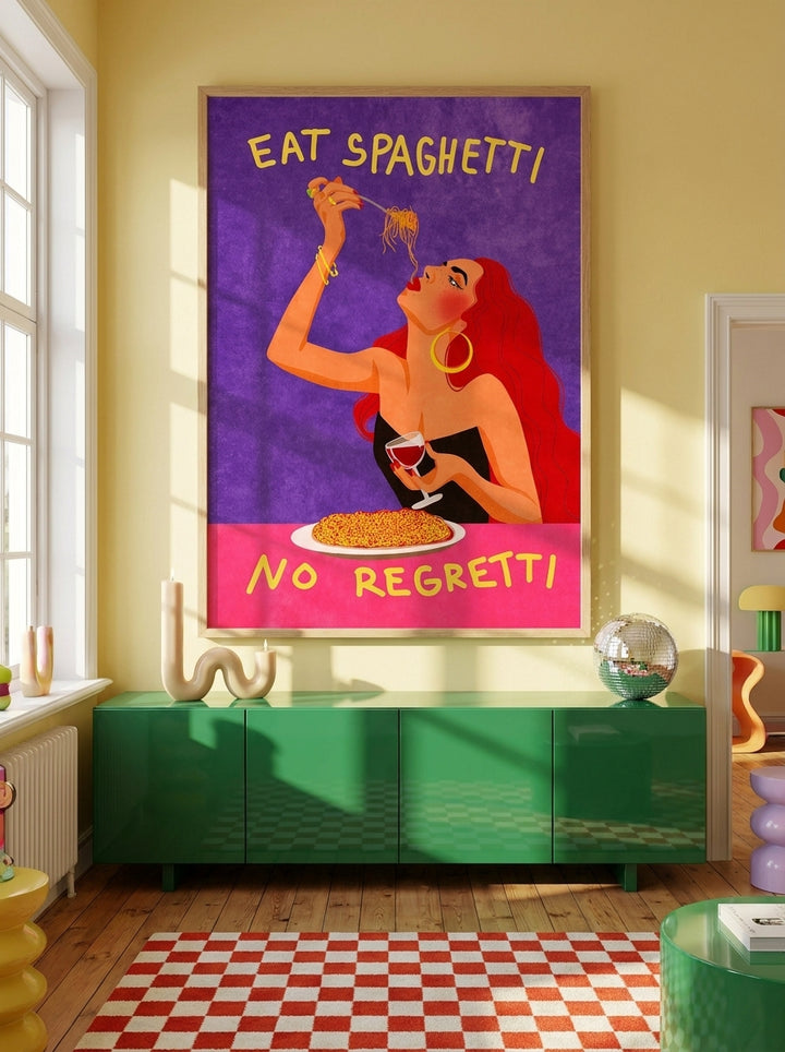 Oversized statement modern wall art print styled on the wall in a colourful eclectic living room