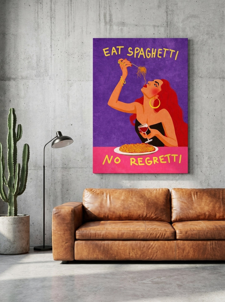Stretched canvas wall art styled on the wall in an industrial loft living room
