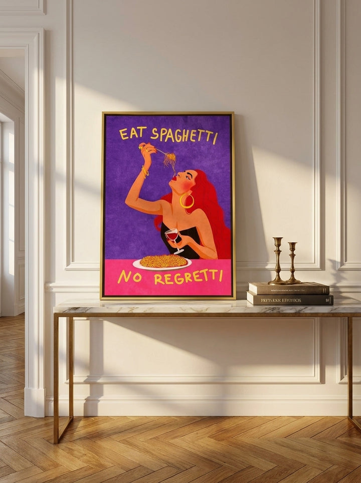 Canvas wall art with a gold leaf surround standing on a console in a Parisian living room