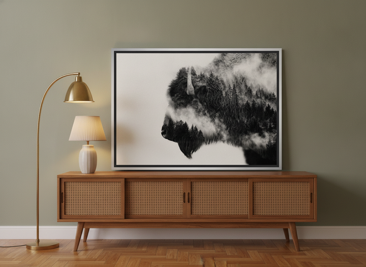 Canvas wall art with a silver leaf surround standing on a sideboard in a mid-century bedroom