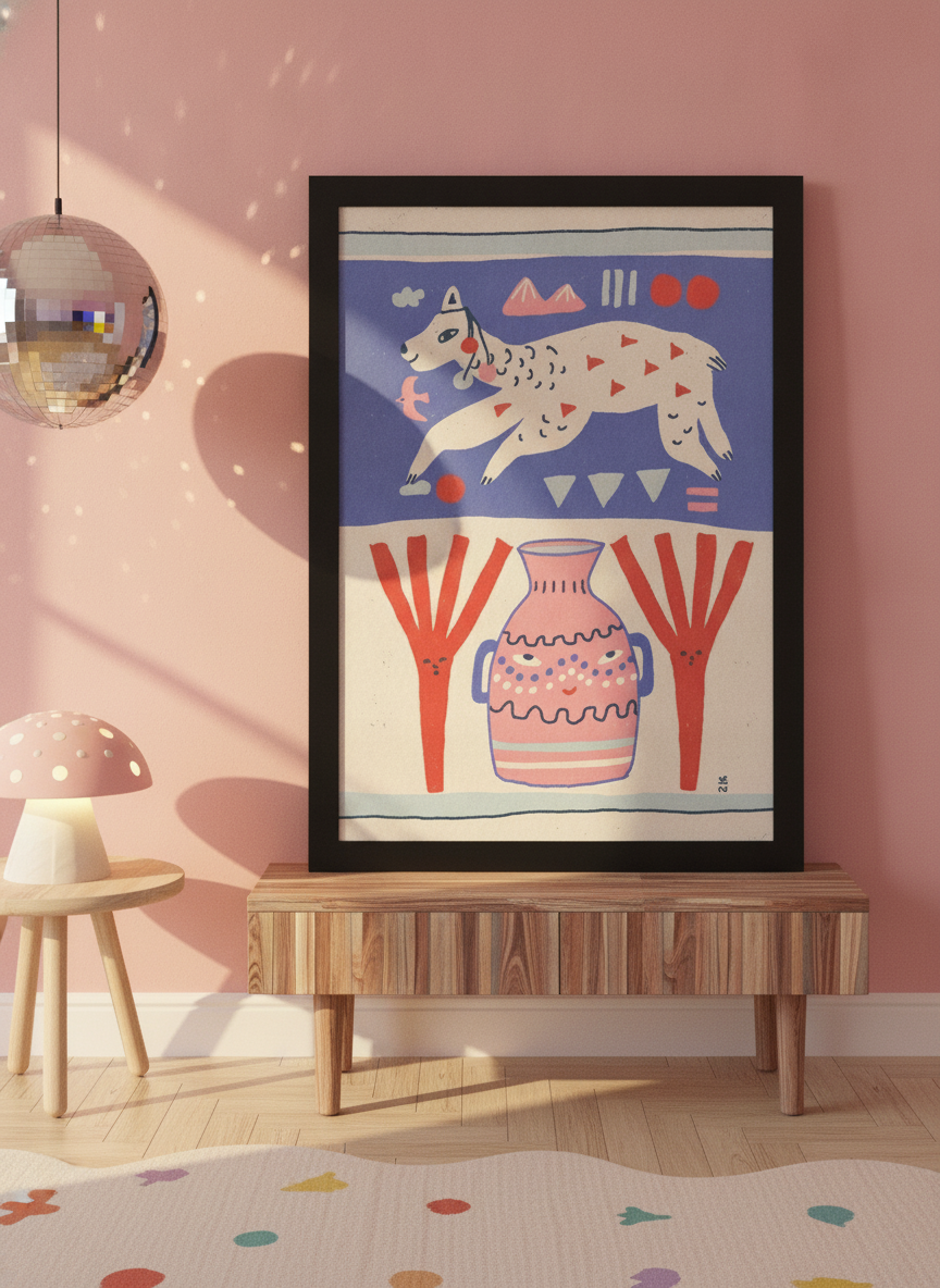 Modern wall art print standing on a side table in a colourful eclectic nursery