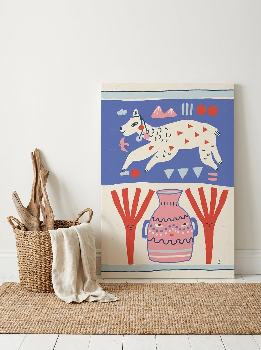 Stretched canvas wall art leaning against the wall in a coastal living room