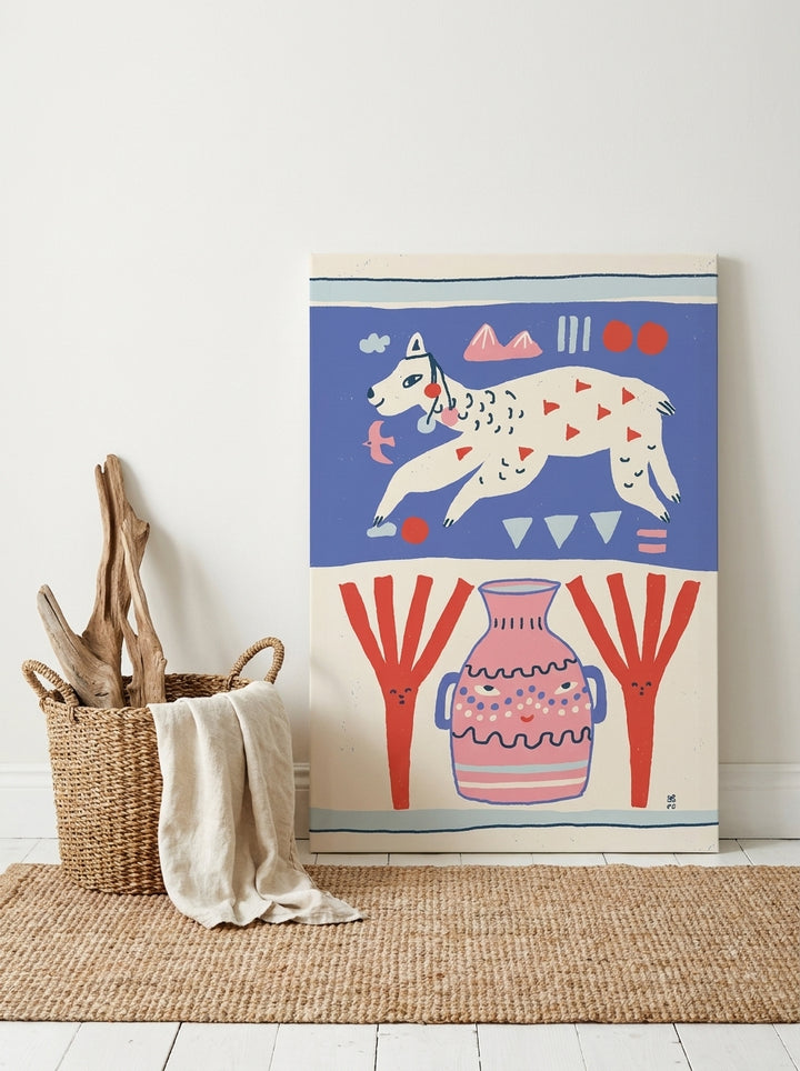 Stretched canvas wall art leaning against the wall in a coastal living room