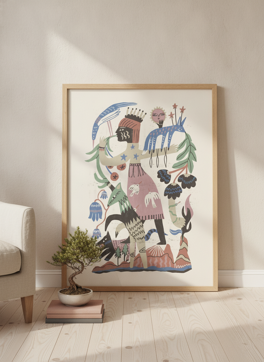 Modern wall art print leaning against the wall in a warm Japandi home office
