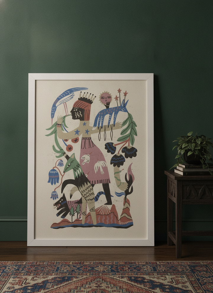 Modern wall art print leaning against the wall in a moody living room
