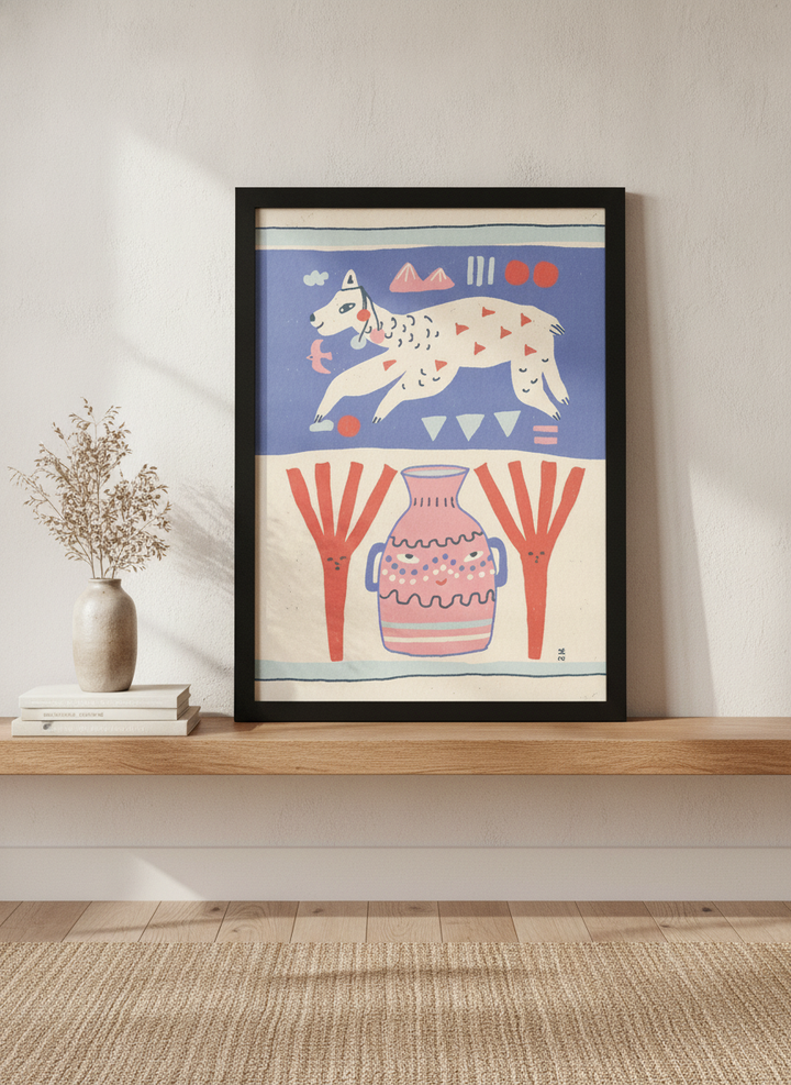 Modern wall art print standing on a shelf in a warm Japandi home office