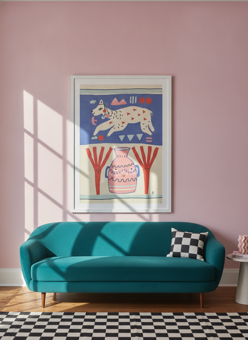 Oversized statement modern wall art print styled on the wall in a colourful eclectic living room