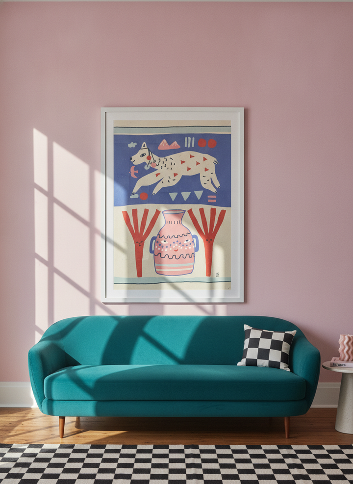 Oversized statement modern wall art print styled on the wall in a colourful eclectic living room