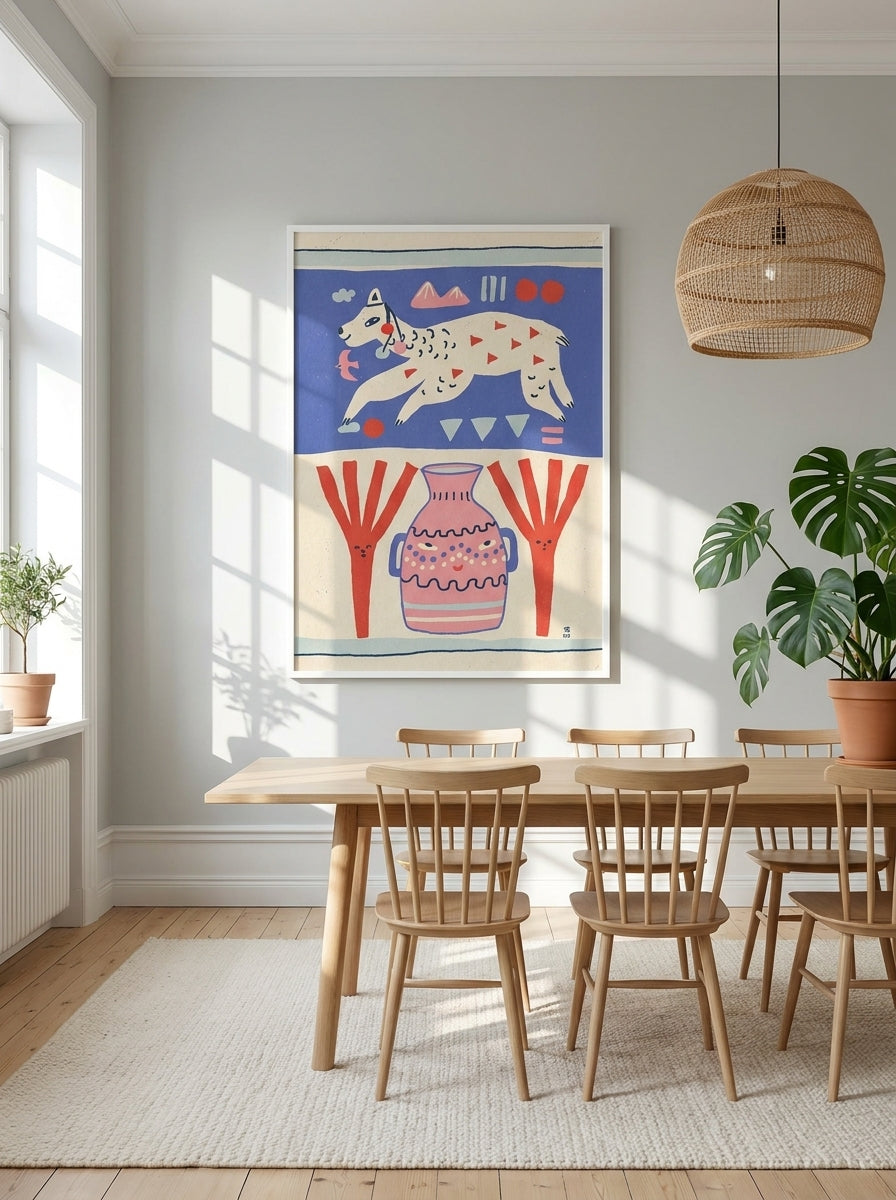 Oversized statement modern wall art print styled on the wall in a bright Scandinavian dining room
