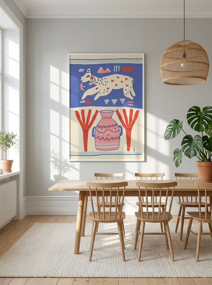 Oversized statement modern wall art print styled on the wall in a bright Scandinavian dining room