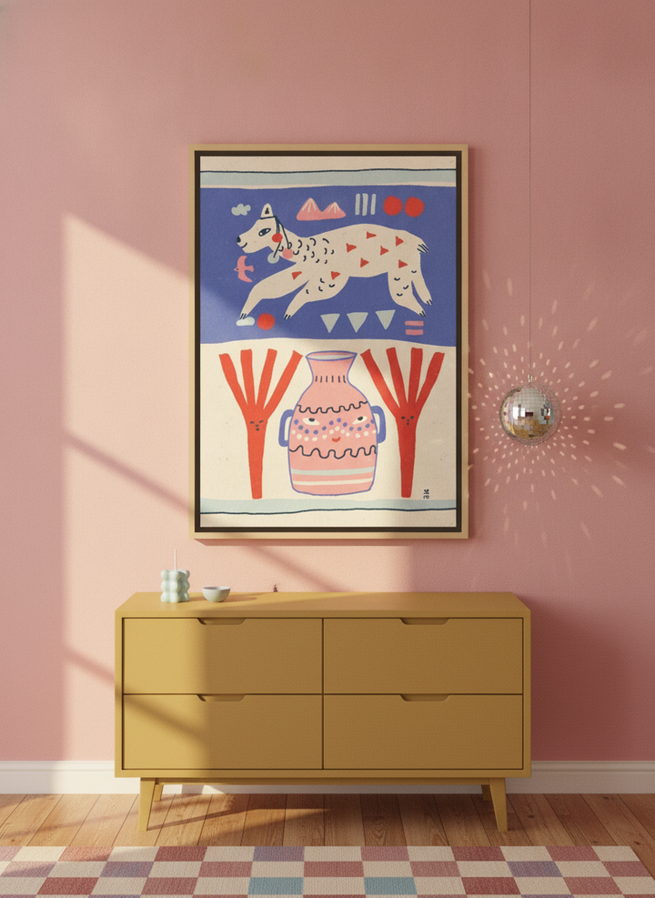 Canvas wall art with a natural timber surround styled on the wall in a colourful eclectic nursery