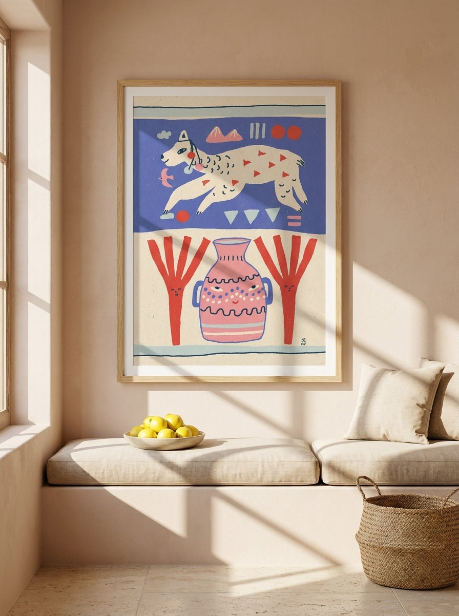 Modern wall art print styled on the wall in a Mediterranean living room