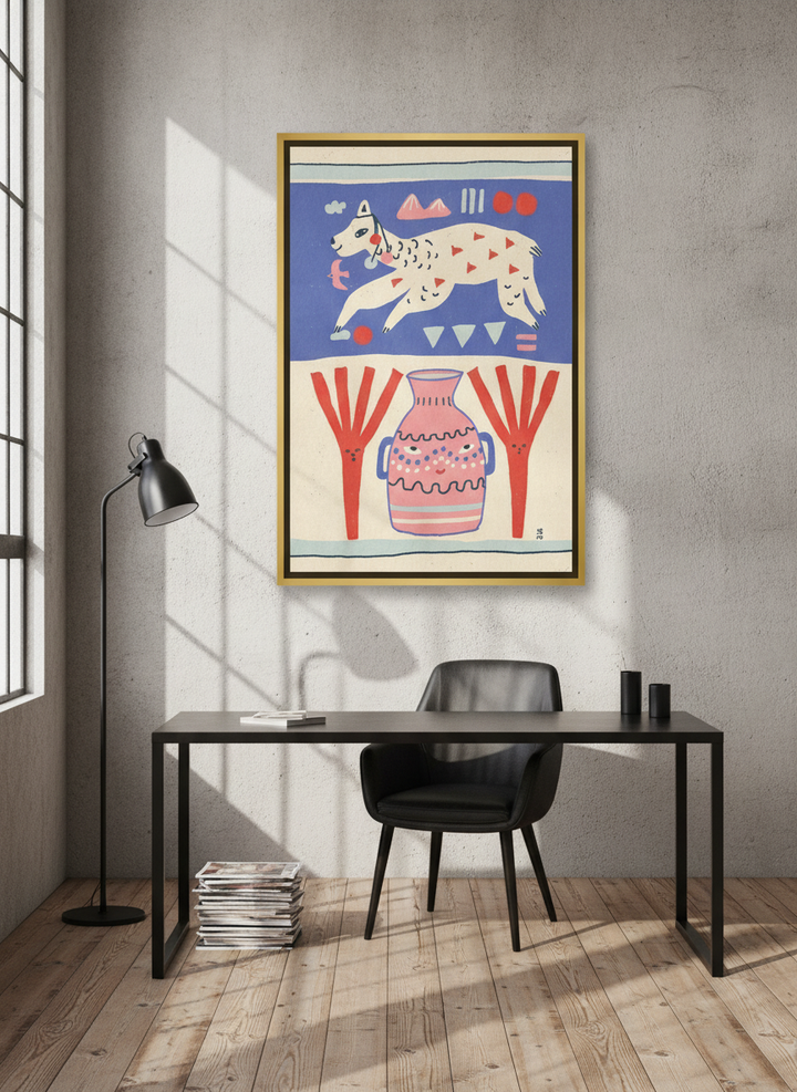 Canvas wall art with a gold leaf surround styled on the wall in an industrial loft home office