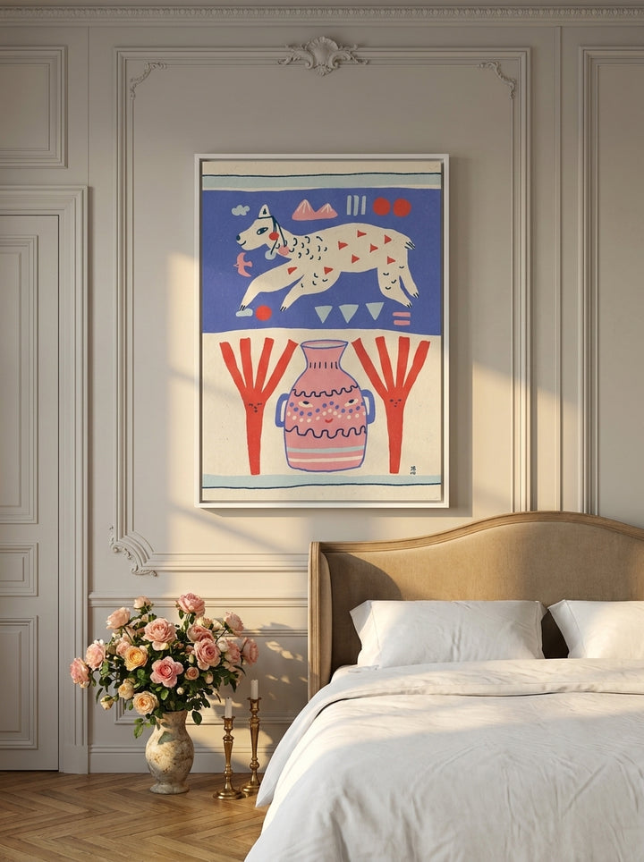 Canvas wall art with a white surround styled on the wall in a Parisian bedroom