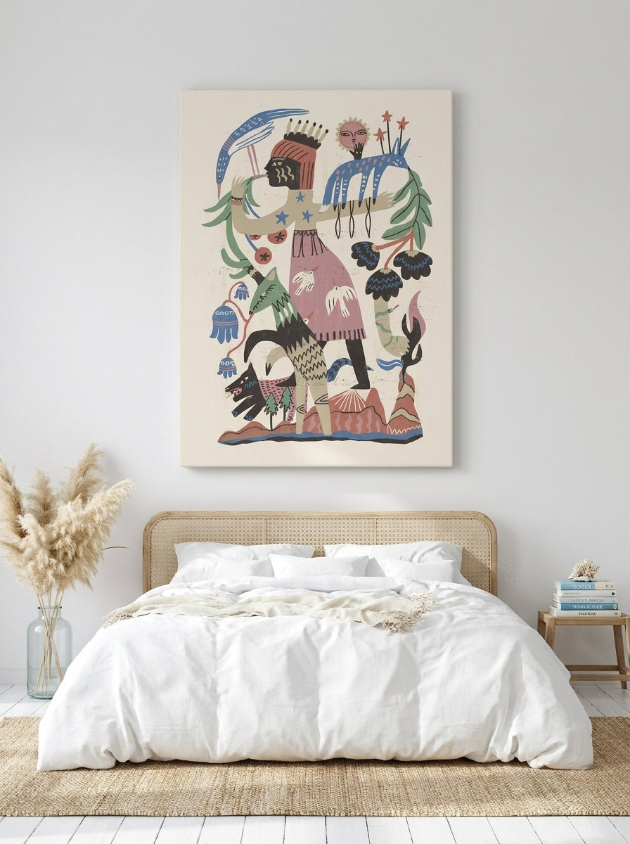 Stretched canvas wall art styled on the wall in a coastal bedroom