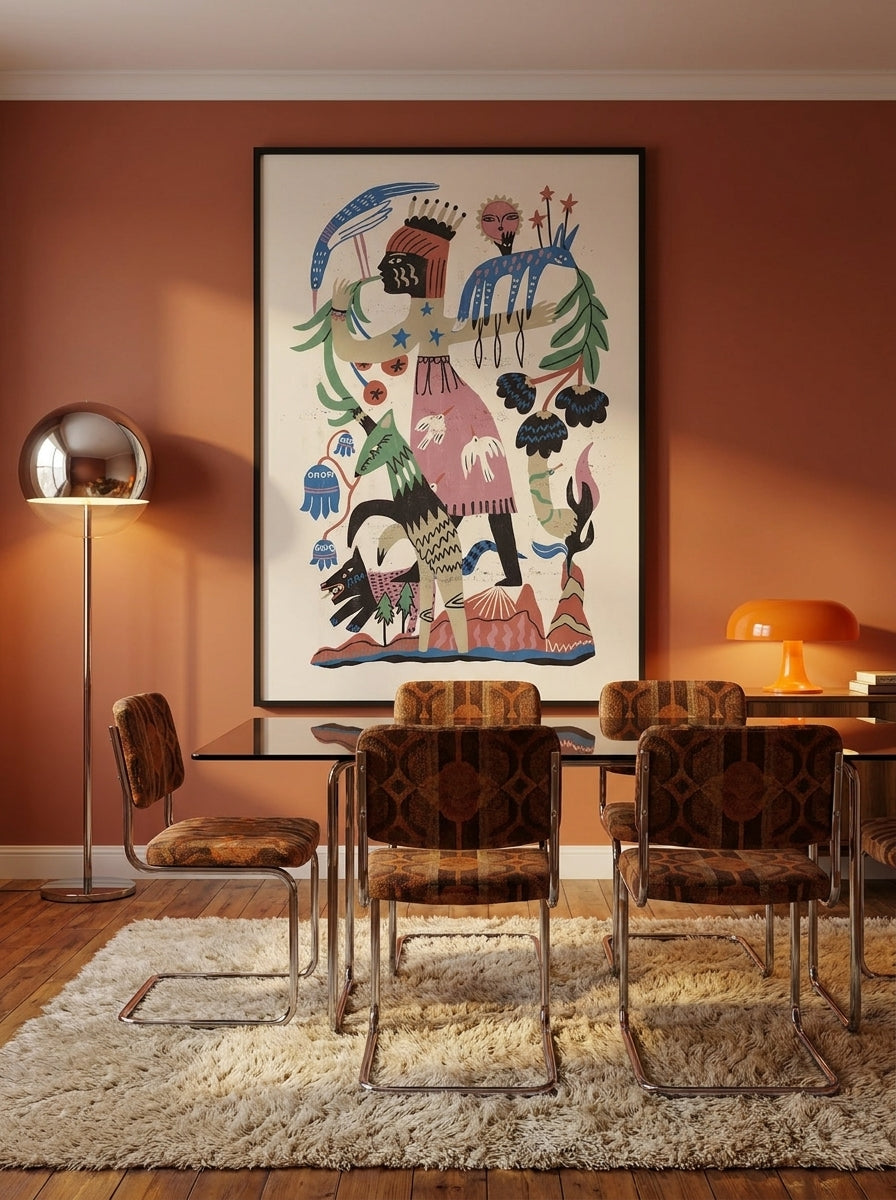 Oversized statement modern wall art print styled on the wall in a retro 70s dining room