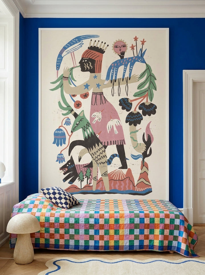 Oversized statement modern wall art print styled on the wall in a colourful eclectic bedroom