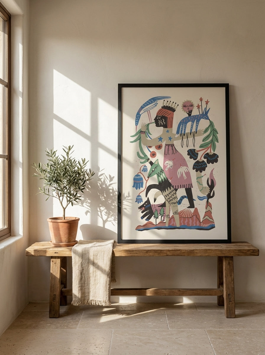 Modern wall art print standing on a bench in a Mediterranean bedroom