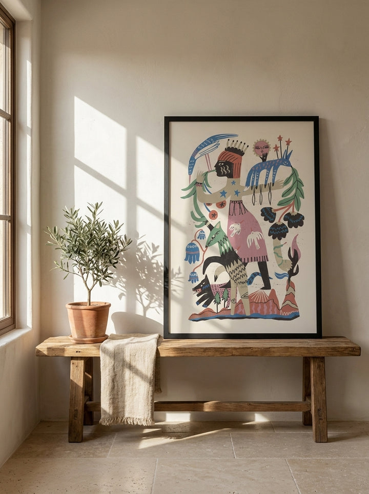Modern wall art print standing on a bench in a Mediterranean bedroom