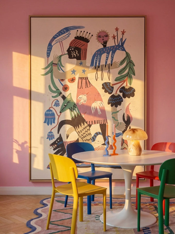 Oversized statement canvas wall art with a natural timber surround styled on the wall in a colourful eclectic dining room