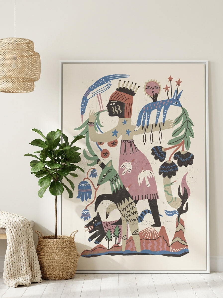 Oversized statement canvas wall art with a white surround leaning against the wall in a bright Scandinavian dining room